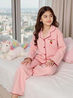 مجموعتان من بيجامات فتيات المراهقات - قميص بشكل مرتخي ومطرز بكرز وردي مرجاني وبنطلون، مجموعة راحة مريحة