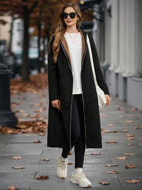 EMERY ROSE معطف منتظم طويل بغطاء رأس مُنفش للنساء