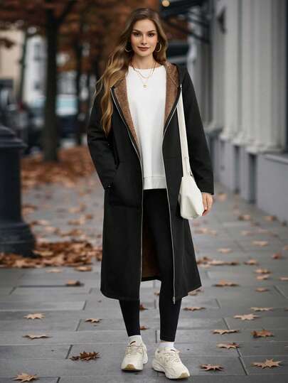 EMERY ROSE معطف منتظم طويل بغطاء رأس مُنفش للنساء