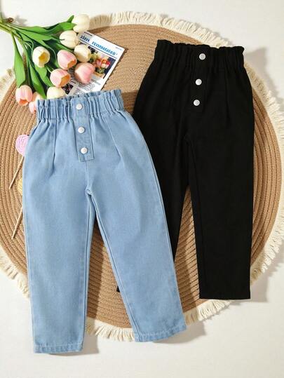 SHEIN مجموعة من 2 بنطال جينز مقلوب للفتيات الصغيرات، فضفاض وبخصر مكشكش، متعدد الاستخدامات للمدرسة والخارج والشارع والحفلات والاستخدام اليومي والعطلات والتنقل، مناسب للخريف والشتاء