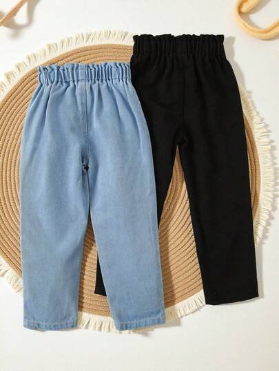 SHEIN مجموعة من 2 بنطال جينز مقلوب للفتيات الصغيرات، فضفاض وبخصر مكشكش، متعدد الاستخدامات للمدرسة والخارج والشارع والحفلات والاستخدام اليومي والعطلات والتنقل، مناسب للخريف والشتاء