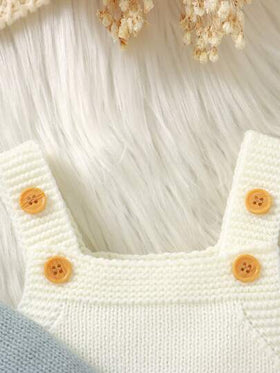 SHEIN مجموعة كنزة صوفية خضراء للرضيع حديث الولادة: كارديجان بأكمام طويلة وياقة مستديرة مع جيوب + رومبير مخططة بحمالات