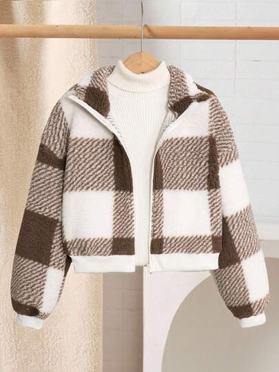 SHEIN Serisse Kids معطف قصير من الفليس مع طوق عالي بأكمام طويلة للفتيات المراهقات، مناسب للخريف والشتاء، معطف كاجوال مربع، خريف وشتاء، متطابق مع الأم والابنة، خريف وشتاء