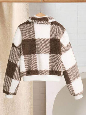 SHEIN Serisse Kids معطف قصير من الفليس مع طوق عالي بأكمام طويلة للفتيات المراهقات، مناسب للخريف والشتاء، معطف كاجوال مربع، خريف وشتاء، متطابق مع الأم والابنة، خريف وشتاء