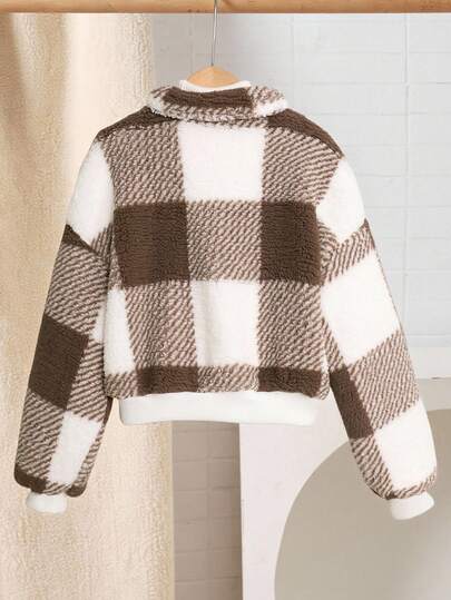 SHEIN Serisse Kids معطف قصير من الفليس مع طوق عالي بأكمام طويلة للفتيات المراهقات، مناسب للخريف والشتاء، معطف كاجوال مربع، خريف وشتاء، متطابق مع الأم والابنة، خريف وشتاء