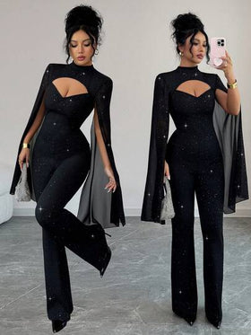 SHEIN Elenzya جمبسوت نسائية أنيقة بأكمام كيب لامعة باللون الأسود