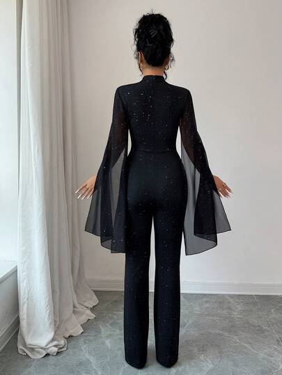 SHEIN Elenzya جمبسوت نسائية أنيقة بأكمام كيب لامعة باللون الأسود