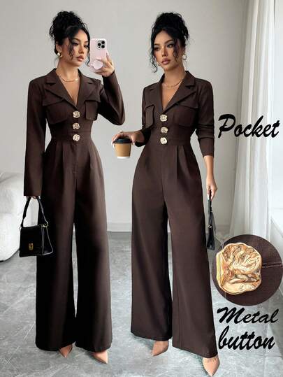 SHEIN Elenzya جمبسوت نسائية أنيقة بخصر مشدود وجيوب وياقة على شكل حرف V وأكمام طويلة، باللون البني، مناسبة للتنقل اليومي