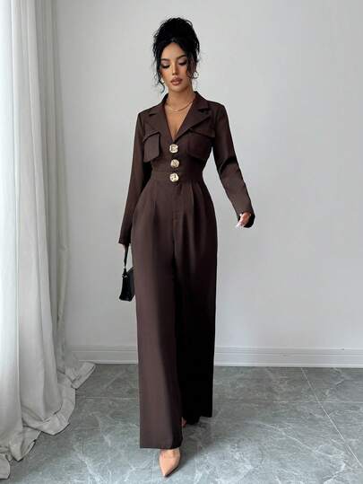 SHEIN Elenzya جمبسوت نسائية أنيقة بخصر مشدود وجيوب وياقة على شكل حرف V وأكمام طويلة، باللون البني، مناسبة للتنقل اليومي
