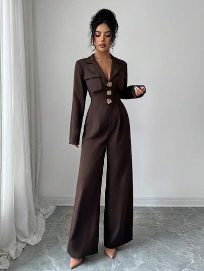 SHEIN Elenzya جمبسوت نسائية أنيقة بخصر مشدود وجيوب وياقة على شكل حرف V وأكمام طويلة، باللون البني، مناسبة للتنقل اليومي