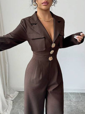 SHEIN Elenzya جمبسوت نسائية أنيقة بخصر مشدود وجيوب وياقة على شكل حرف V وأكمام طويلة، باللون البني، مناسبة للتنقل اليومي