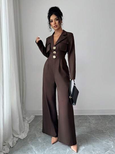 SHEIN Elenzya جمبسوت نسائية أنيقة بخصر مشدود وجيوب وياقة على شكل حرف V وأكمام طويلة، باللون البني، مناسبة للتنقل اليومي