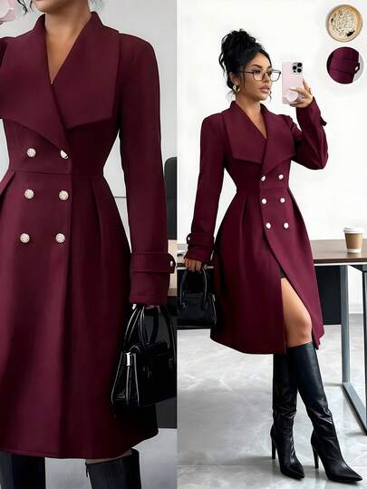 SHEIN Elenzya معطف نسائي ذو صدر مزدوج وياقة أنيقة، للاستخدام اليومي والشارع والعمل والمناسبات الرومانسية وحفلات ، لون بوردو، مناسب للخريف والشتاء