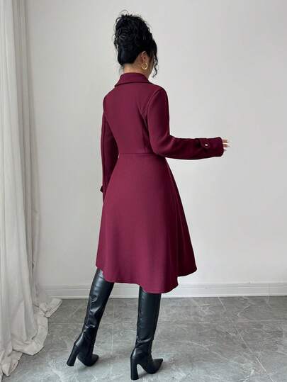 SHEIN Elenzya معطف نسائي ذو صدر مزدوج وياقة أنيقة، للاستخدام اليومي والشارع والعمل والمناسبات الرومانسية وحفلات ، لون بوردو، مناسب للخريف والشتاء