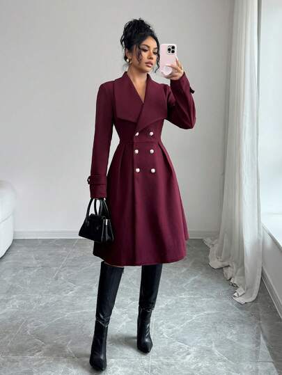 SHEIN Elenzya معطف نسائي ذو صدر مزدوج وياقة أنيقة، للاستخدام اليومي والشارع والعمل والمناسبات الرومانسية وحفلات ، لون بوردو، مناسب للخريف والشتاء