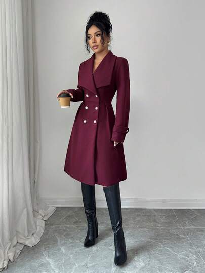 SHEIN Elenzya معطف نسائي ذو صدر مزدوج وياقة أنيقة، للاستخدام اليومي والشارع والعمل والمناسبات الرومانسية وحفلات ، لون بوردو، مناسب للخريف والشتاء