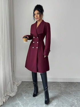 SHEIN Elenzya معطف نسائي ذو صدر مزدوج وياقة أنيقة، للاستخدام اليومي والشارع والعمل والمناسبات الرومانسية وحفلات ، لون بوردو، مناسب للخريف والشتاء