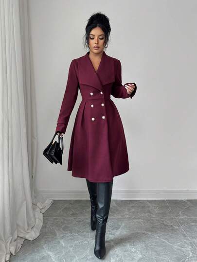SHEIN Elenzya معطف نسائي ذو صدر مزدوج وياقة أنيقة، للاستخدام اليومي والشارع والعمل والمناسبات الرومانسية وحفلات ، لون بوردو، مناسب للخريف والشتاء
