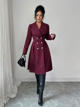 SHEIN Elenzya معطف نسائي ذو صدر مزدوج وياقة أنيقة، للاستخدام اليومي والشارع والعمل والمناسبات الرومانسية وحفلات ، لون بوردو، مناسب للخريف والشتاء