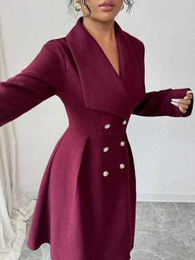 SHEIN Elenzya معطف نسائي ذو صدر مزدوج وياقة أنيقة، للاستخدام اليومي والشارع والعمل والمناسبات الرومانسية وحفلات ، لون بوردو، مناسب للخريف والشتاء