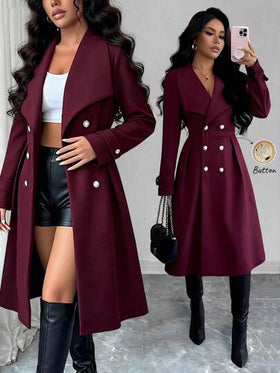 SHEIN Elenzya معطف نسائي ذو صدر مزدوج وياقة أنيقة، للاستخدام اليومي والشارع والعمل والمناسبات الرومانسية وحفلات ، لون بوردو، مناسب للخريف والشتاء