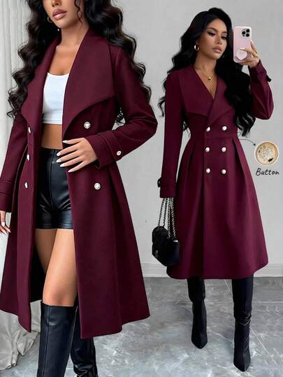 SHEIN Elenzya معطف نسائي ذو صدر مزدوج وياقة أنيقة، للاستخدام اليومي والشارع والعمل والمناسبات الرومانسية وحفلات ، لون بوردو، مناسب للخريف والشتاء