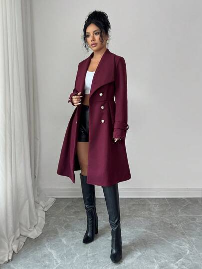 SHEIN Elenzya معطف نسائي ذو صدر مزدوج وياقة أنيقة، للاستخدام اليومي والشارع والعمل والمناسبات الرومانسية وحفلات ، لون بوردو، مناسب للخريف والشتاء