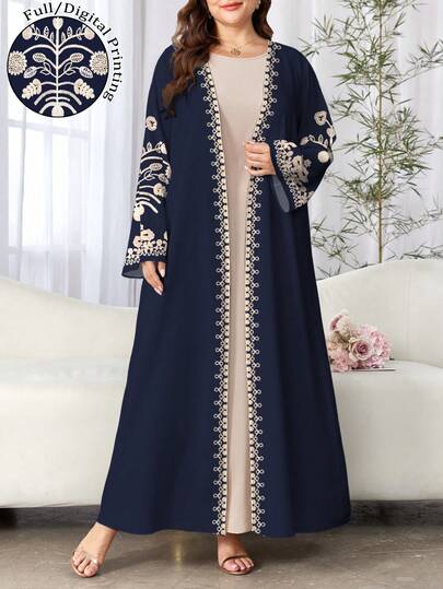 SHEIN Najma عباية كاجوال طويلة الأكمام مطبوعة بطراز زهري رجعي مناسبة للمرأة البدينة، مناسبة للربيع والخريف