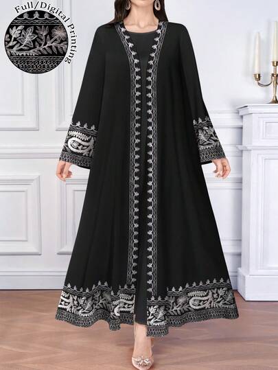 SHEIN Najma فستان ماكسي أنيق بطبعة الباييت وياقة على شكل حرف V وأكمام طويلة بطراز عربي، للربيع/الصيف