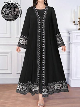 SHEIN Najma فستان ماكسي أنيق بطبعة الباييت وياقة على شكل حرف V وأكمام طويلة بطراز عربي، للربيع/الصيف