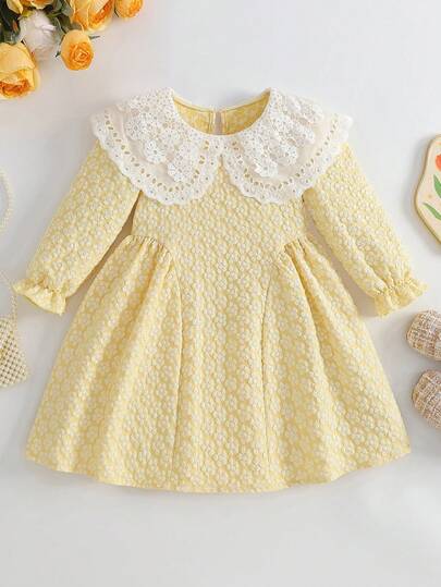 SHEIN Vintaside Kids فستان من قماش الجاكار ذو طراز أميرة حلو مطرز بياقة بيتر بان، أكمام طويلة وذيل غير متماثل، أنيق للحفلات وأعياد الميلاد والمناسبات، مناسب لجميع المواسم