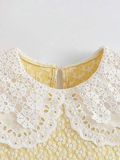 SHEIN Vintaside Kids فستان من قماش الجاكار ذو طراز أميرة حلو مطرز بياقة بيتر بان، أكمام طويلة وذيل غير متماثل، أنيق للحفلات وأعياد الميلاد والمناسبات، مناسب لجميع المواسم