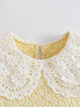 SHEIN Vintaside Kids فستان من قماش الجاكار ذو طراز أميرة حلو مطرز بياقة بيتر بان، أكمام طويلة وذيل غير متماثل، أنيق للحفلات وأعياد الميلاد والمناسبات، مناسب لجميع المواسم