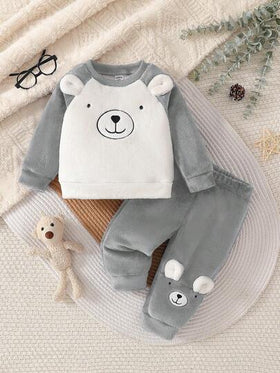 SHEIN Vintaside Kids طقم ملابس علوية كم طويل وبنطلون للأطفال الصغار بطبعة دب جميلة، بألوان تباين الأزرق والأبيض، مناسب للارتداء اليومي، للداخل والخارج، في فصلي الخريف والشتاء