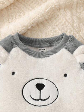 SHEIN Vintaside Kids طقم ملابس علوية كم طويل وبنطلون للأطفال الصغار بطبعة دب جميلة، بألوان تباين الأزرق والأبيض، مناسب للارتداء اليومي، للداخل والخارج، في فصلي الخريف والشتاء