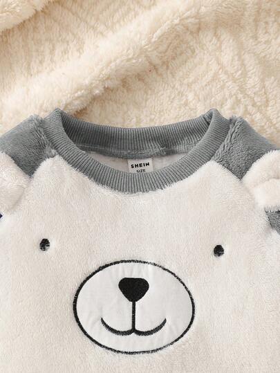 SHEIN Vintaside Kids طقم ملابس علوية كم طويل وبنطلون للأطفال الصغار بطبعة دب جميلة، بألوان تباين الأزرق والأبيض، مناسب للارتداء اليومي، للداخل والخارج، في فصلي الخريف والشتاء