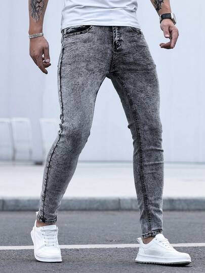 Manfinity Homme بنطلون جينز رجالي ضيق مغسول، بنطلون جينز داكن ضيق عادي، بنطلون جينز كارجو رمادي فاتح مغسول بالحمض، هدايا للزوج والصديق، بنطلون جينز رجالي نحيف، بنطلون جينز رجالي ضيق للتنقل والشارع والعمل والتمرين، بأسلوب إيمو