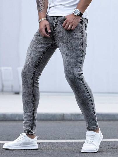 Manfinity Homme بنطلون جينز رجالي ضيق مغسول، بنطلون جينز داكن ضيق عادي، بنطلون جينز كارجو رمادي فاتح مغسول بالحمض، هدايا للزوج والصديق، بنطلون جينز رجالي نحيف، بنطلون جينز رجالي ضيق للتنقل والشارع والعمل والتمرين، بأسلوب إيمو
