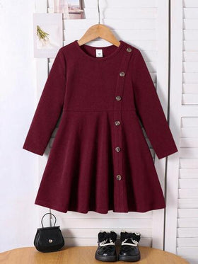 Emery Rose Kids Emery Rose Kids فستان بتصميم مُنقسم طويل متوسط الطول بياقة دائرية أنيق وكاجوال مناسب للمدرسة والارتداء اليومي الكاجوال في فصلي الخريف والشتاء للفتيات الصغيرات