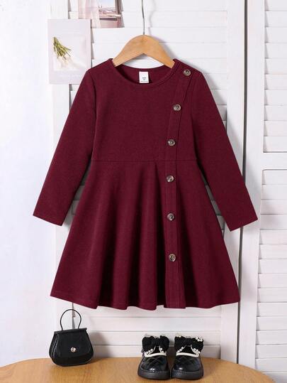 Emery Rose Kids Emery Rose Kids فستان بتصميم مُنقسم طويل متوسط الطول بياقة دائرية أنيق وكاجوال مناسب للمدرسة والارتداء اليومي الكاجوال في فصلي الخريف والشتاء للفتيات الصغيرات
