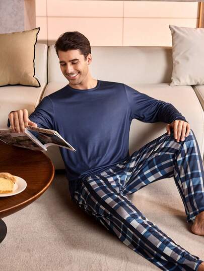 Manfinity Underwear&Sleepwear Basics بدلة رياضية للرجال كبار الحجم من قماش الكشمير الأزرق ذات أكمام طويلة وبنطال، مناسبة لأعياد الميلاد