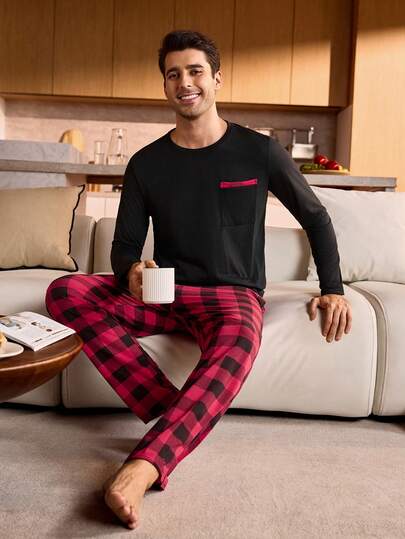 Manfinity Underwear&Sleepwear Basics بيجامة رجالية مكونة من ملابس علوية بأكمام طويلة مطبوع بنقشة المربعات والجيوب وبنطلون فضفاض، ملابس شتوية وعيد الميلاد