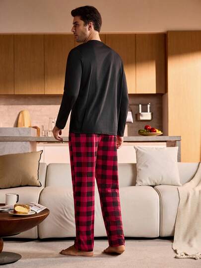 Manfinity Underwear&Sleepwear Basics بيجامة رجالية مكونة من ملابس علوية بأكمام طويلة مطبوع بنقشة المربعات والجيوب وبنطلون فضفاض، ملابس شتوية وعيد الميلاد
