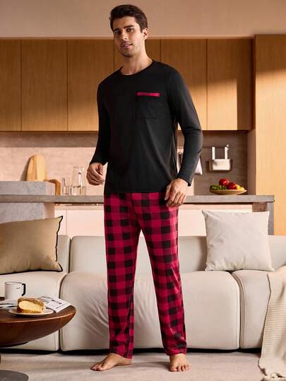 Manfinity Underwear&Sleepwear Basics بيجامة رجالية مكونة من ملابس علوية بأكمام طويلة مطبوع بنقشة المربعات والجيوب وبنطلون فضفاض، ملابس شتوية وعيد الميلاد