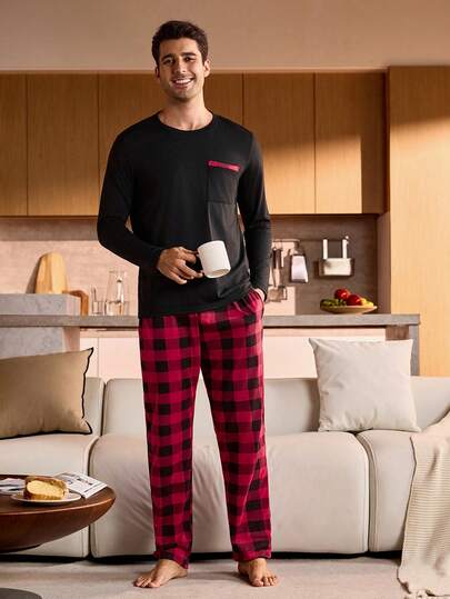 Manfinity Underwear&Sleepwear Basics بيجامة رجالية مكونة من ملابس علوية بأكمام طويلة مطبوع بنقشة المربعات والجيوب وبنطلون فضفاض، ملابس شتوية وعيد الميلاد