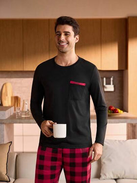 Manfinity Underwear&Sleepwear Basics بيجامة رجالية مكونة من ملابس علوية بأكمام طويلة مطبوع بنقشة المربعات والجيوب وبنطلون فضفاض، ملابس شتوية وعيد الميلاد