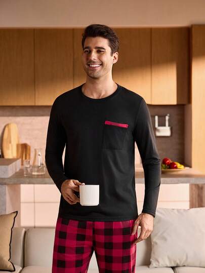 Manfinity Underwear&Sleepwear Basics بيجامة رجالية مكونة من ملابس علوية بأكمام طويلة مطبوع بنقشة المربعات والجيوب وبنطلون فضفاض، ملابس شتوية وعيد الميلاد