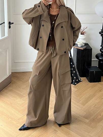 DAZY بدلة نسائية من قطعتين، جاكيت وبنطلون بأكمام طويلة ذات لون أحادي بتصميم بسيط، مجموعة ملابس كاجوال للاستخدام اليومي