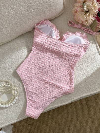 Swim Mod ملابس شاطئ أنيقة وجميلة للنساء، بدلة سباحة قطعة واحدة ذات قصة مودرن مع كشكشة وياقة حلقية، مصنوعة من قماش خاص مربعات، مناسبة للمنتجعات والحفلات والقوارب، للربيع والصيف