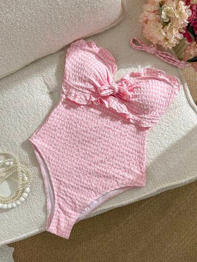 Swim Mod ملابس شاطئ أنيقة وجميلة للنساء، بدلة سباحة قطعة واحدة ذات قصة مودرن مع كشكشة وياقة حلقية، مصنوعة من قماش خاص مربعات، مناسبة للمنتجعات والحفلات والقوارب، للربيع والصيف